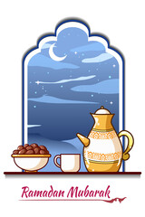 Kettles and cup at ramadan night cartoon illustration