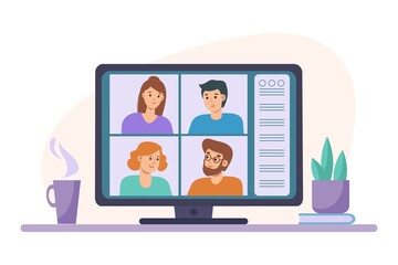 Video conference chat with men and woman on laptop. Learning or meeting online with teleconference. Videoconferencing and online meeting workspace   illustration on flat style. Distance education