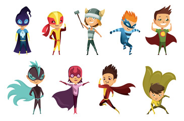 Cute superhero kids in colorful costumes. Kids Dressed as Superheroes. Funny Flat Isolated Design Icons Set On White Background. Set of kids wearing superhero costumes with different pose © the8monkey