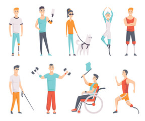 Set of Disabled people. Young invalid persons. Dog companion and blind girl. Young handicapped person. Athlete with Arm Prosthesis lifts dumbbells