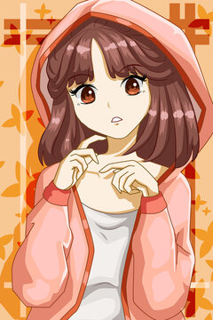 Beautiful and cute girl brown hair with jacket design character cartoon illustration
