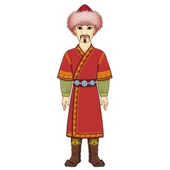 Animation  portrait of  Asian man warrior in a national hat and clothes. Full growth. Central Asia. Vector illustration isolated on a white background.