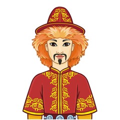 Animation  portrait of  Asian man warrior in a national hat and clothes. Central Asia. Vector illustration isolated on a white background.