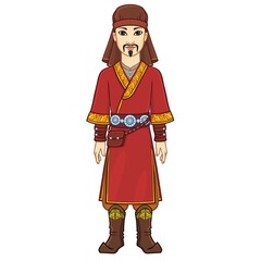 Animation  portrait of  Asian man warrior in a national hat and clothes. Full growth. Central Asia. Vector illustration isolated on a white background.