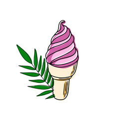 Ice cream with a waffle tube with a tropical green leaf on a white plate with pink frosting. Vector illustration © Katisko