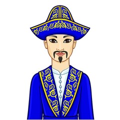 Animation  portrait of  Asian man warrior in a national hat and clothes. Central Asia. Vector illustration isolated on a white background.