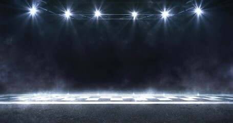 Race circuit and finish line on asphalt ground with blue shining spotlights above the moving mist. Racing sport 4k loop animation.