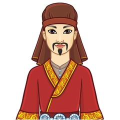 Animation  portrait of  Asian man warrior in a national hat and clothes. Central Asia. Vector illustration isolated on a white background.