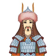 Animation  portrait of  Asian man warrior in a national military armor.  Central Asia. Vector illustration isolated on a white background.