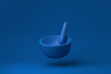 Blue Mortar and pestle floating in blue background. minimal concept idea creative. monochrome. 3D render.