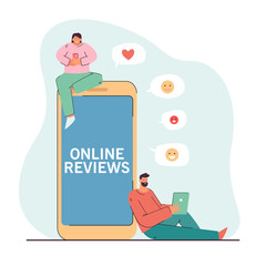 Man and woman checking online reviews. Flat vector illustration. Cartoon tiny people sharing and getting reviews on Internet social networks near giant smartphone. Social media, Internet concept