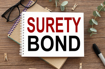 SURETY BOND. text on white notepad paper on wood table.