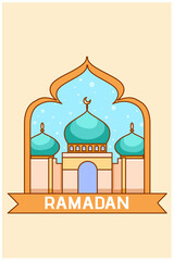Small mosque at ramadan mubarak cartoon illustration