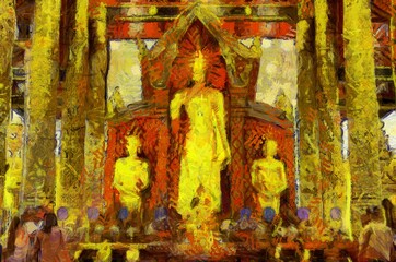 Standing buddha Chiang Mai art style Illustrations creates an impressionist style of painting.