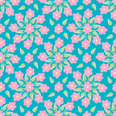 Fototapeta na wymiar Vector girly doodle floral pattern seamless. Cute pink flowers and leaves illustration background.