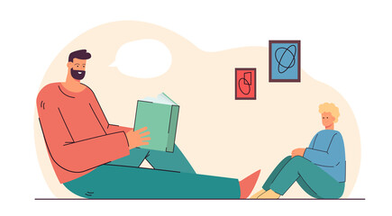 Man reading book to child. Flat vector illustration. Father and son sitting on floor, reading together and talking before bedtime. Family, reading, education concept for banner design or landing page