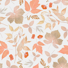 Floral seamless pattern in collage technique. Pressed dry plants on light grey background.