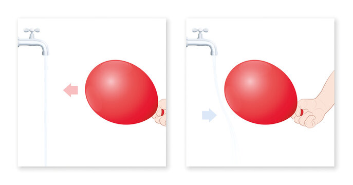 Balloon water experiment, static attraction. Charged balloon causes bending water stream. Set the tap running gently, rub the balloon somewhere, move it near to the stream and the water is attracted.
