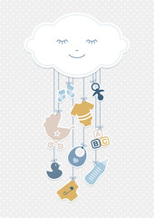 Hängende Babysymbole Junge Unter Wolke Retroblau Senfgelb Punkte Grau