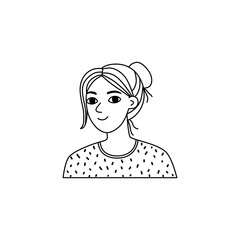 Portrait of a girl on a white background in doodle style, sketch, outline. The young woman smiles. Hand drawn vector illustration