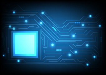 CPU chip and circuit board. Blue microprocessor background. Computer motherboard. Bright connections. Abstract light technological backdrop. Trendy vector illustration.