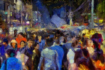 Chiang Mai Walking Street Thailand Handicraft market Illustrations creates an impressionist style of painting.