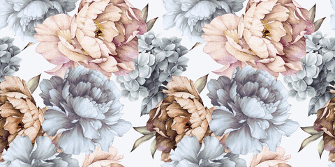 Fototapety  Seamless floral pattern with peonies on summer background, watercolor illustration. Template design for textiles, interior, clothes, wallpaper