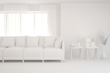 White minimalist living room with sofa. Scandinavian interior design. 3D illustration