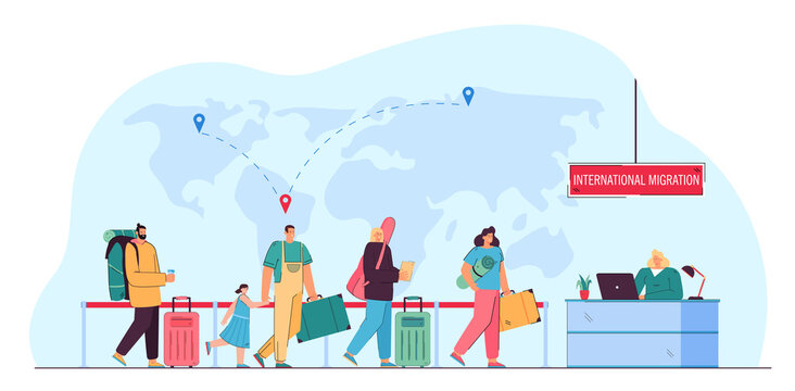 Immigrants queueing for registration. World map with destination pins, woman at counter flat vector illustration. International migration concept for banner, website design or landing web page