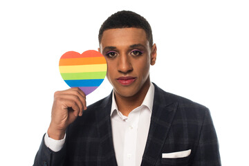 african american homosexual businessman holding lgbt colors paper heart isolated on white