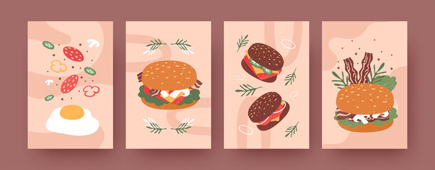 Set of contemporary posters with burgers with different buns. Vegetables, mushrooms, bacon, egg, hamburgers pastel vector illustrations. Fast food, menu designs for social media, invitation cards