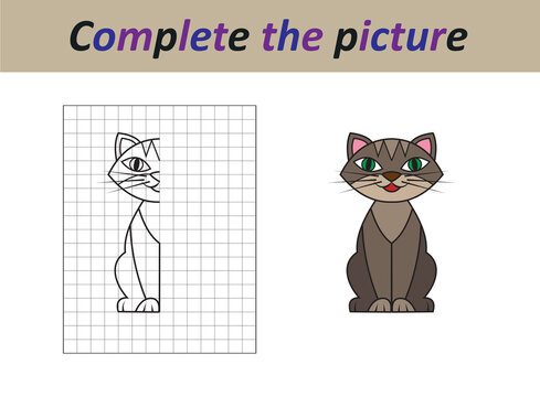 Funny cat sitting. Complete the picture children drawing game