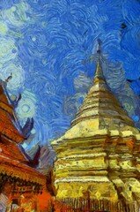 Fototapeta premium Wat Phra That Doi Suthep Temple Chiang Mai Thailand Illustrations creates an impressionist style of painting.