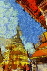 Wat Phra That Doi Suthep Temple Chiang Mai Thailand Illustrations creates an impressionist style of painting.