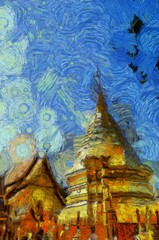 Wat Phra That Doi Suthep Temple Chiang Mai Thailand Illustrations creates an impressionist style of painting.