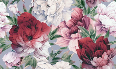 Fototapety  Seamless floral pattern with peonies on summer background, watercolor illustration. Template design for textiles, interior, clothes, wallpaper