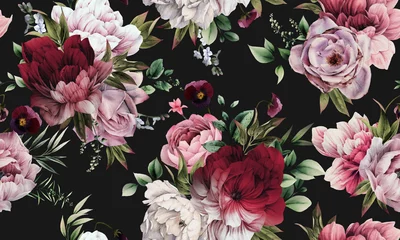 Rolgordijnen Vintage Bloemen Seamless floral pattern with peonies on summer background, watercolor illustration. Template design for textiles, interior, clothes, wallpaper  © ola-la