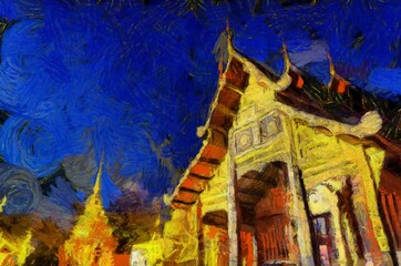 Wat Phra Singh Temple Chiang Mai Thailand Illustrations creates an impressionist style of painting.