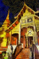 Obraz premium Wat Phra Singh Temple Chiang Mai Thailand Illustrations creates an impressionist style of painting.