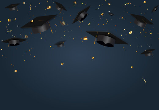Graduation class party blue background with graduation cap hat and confetti. Vector Illustration