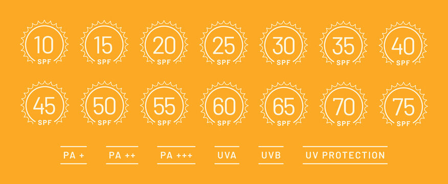 Big SPF icons vector set on orange background. Sun protection symbols for sunblock or sunscreen products. Collection of UV index for cosmetic packaging