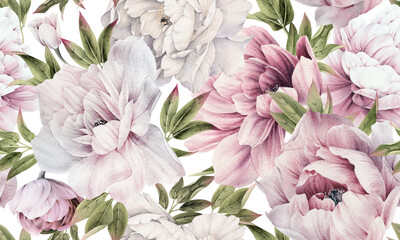 Seamless floral pattern with peonies on summer background, watercolor illustration. Template design for textiles, interior, clothes, wallpaper - obrazy, fototapety, plakaty