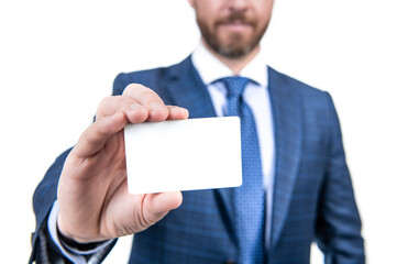 Sharing business card. Empty card selective focus. Identification paper. Formal introduction.