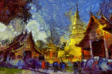Wat Phra Singh Temple Chiang Mai Thailand Illustrations creates an impressionist style of painting.