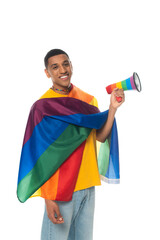 joyful african american man with rainbow colors megaphone and lgbt flag isolated on white