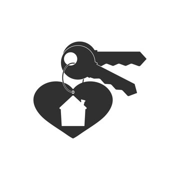 Keychain with key ring, pendant house locket with heart, two keys. Vector icon. Clipart and drawing. Isolated illustration.
