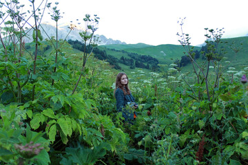 Naklejka na ściany i meble A young woman traveler stands among the lush green plants. Twilight in the mountains. Hike in the mountains of the North Caucasus