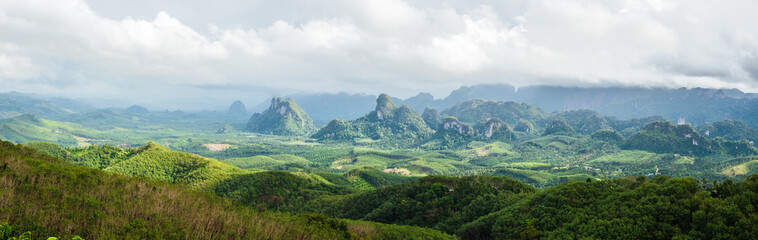 Beautiful panoramic hills and mountains scenery with morning atmosphere during rainy season at Doi Tapang, Sawi District, Chumphon, Thailand.