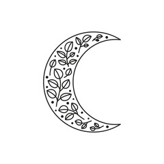 Boho floral crescent moon with leafy branches.