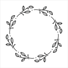 Vector hand drawn spring wreath isolated on white background. Outline circle of leaves. Doodle style. Floral frame.
